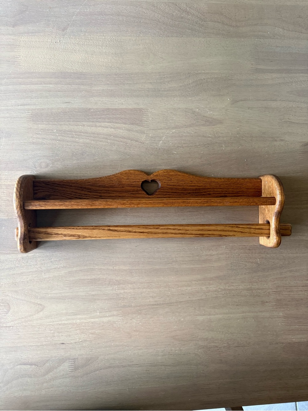 Vintage handmade wooden heart shelf with dowel for towels, small blankets etc